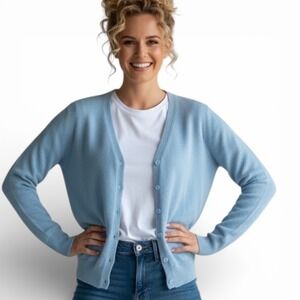 State Cashmere Womens Slate Blue Button Front Cardigan Sweater Crew Neck Large